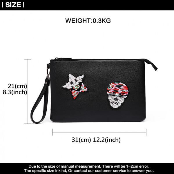 LT6822S-MISS LULU MISS LULU PU LEATHER SEQUIN SKULL CLUTCH BAG BLACK